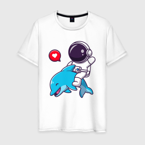 Мужская футболка из хлопка с принтом Космонавт и дельфин, вид спереди №1