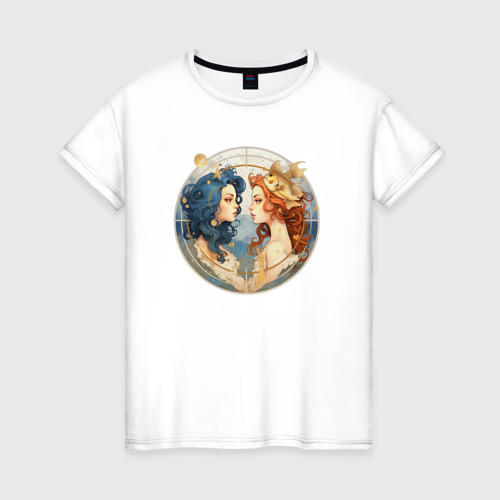 Женская футболка из хлопка с принтом Знак зодиака рыбы от нейросети, вид спереди №1