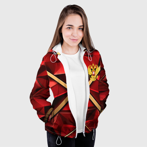 Женская куртка 3D Герб России  на красном абстрактном фоне, цвет белый - фото 4