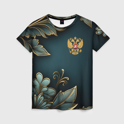 Женская футболка 3D с принтом Золотые листья и герб России, вид спереди #2