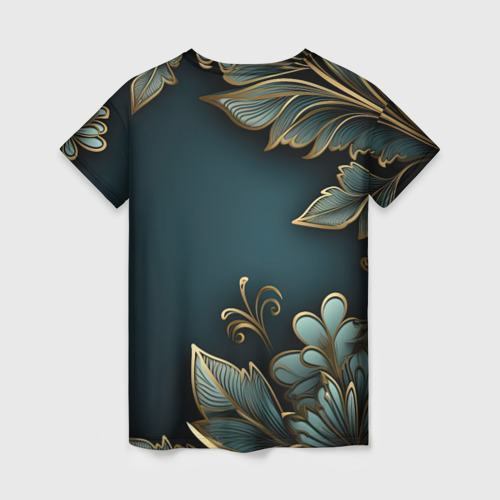 Женская футболка 3D с принтом Золотые листья и герб России, вид сзади #1