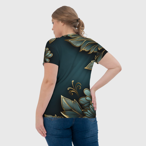 Женская футболка 3D с принтом Золотые листья и герб России, вид сзади #2