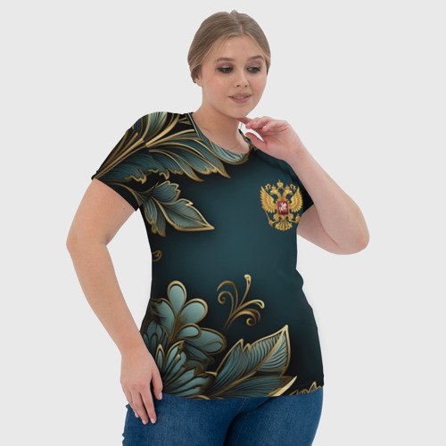 Женская футболка 3D с принтом Золотые листья и герб России, фото #4