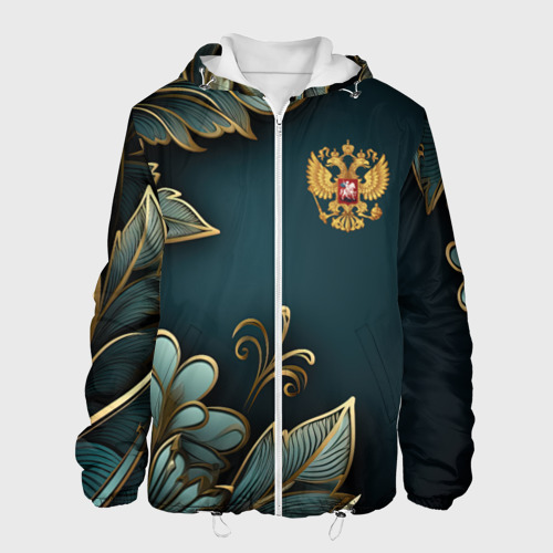 Мужская куртка 3D с принтом Золотые листья и герб России, вид спереди #2
