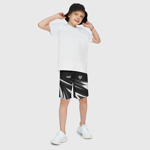 Детские спортивные шорты 3D с принтом Russia - black and white geometry, фото на моделе #1