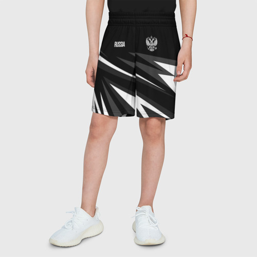 Детские спортивные шорты 3D с принтом Russia - black and white geometry, вид сбоку #3
