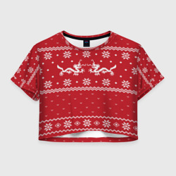 Женская футболка Crop-top 3D Новогодний свитер с драконами
