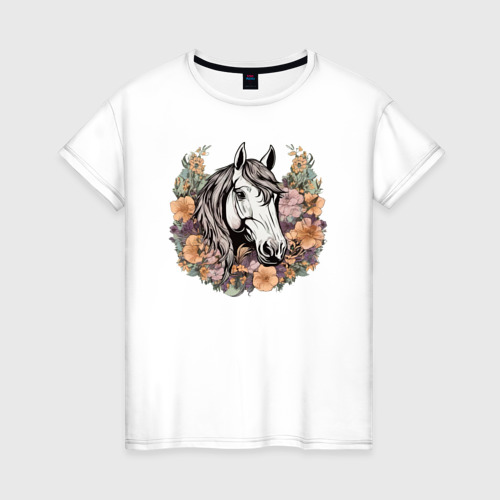 Женская футболка из хлопка с принтом Лошадь в цветах, вид спереди №1