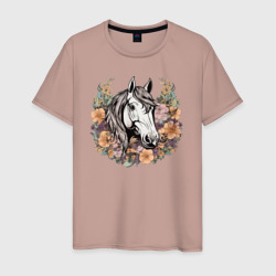 Мужская футболка хлопок Лошадь в цветах