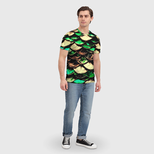 Мужская футболка 3D с принтом Чешуя зеленого дракона, вид сбоку #3