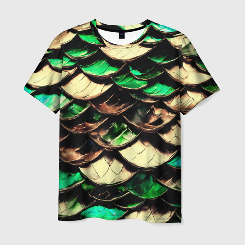 Мужская футболка 3D с принтом Чешуя зеленого дракона, вид спереди #2