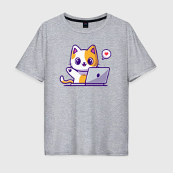 Мужская футболка хлопок Oversize Котик за ноутбуком