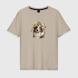 Мужская футболка хлопок Oversize Австралийская овчарка в цветах