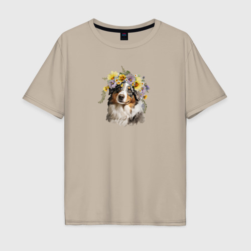 Мужская футболка хлопок Oversize Австралийская овчарка в цветах, цвет миндальный