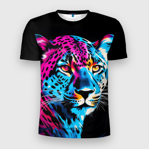 Мужская футболка 3D Slim с принтом Леопард в неоновых цветах, вид спереди #2