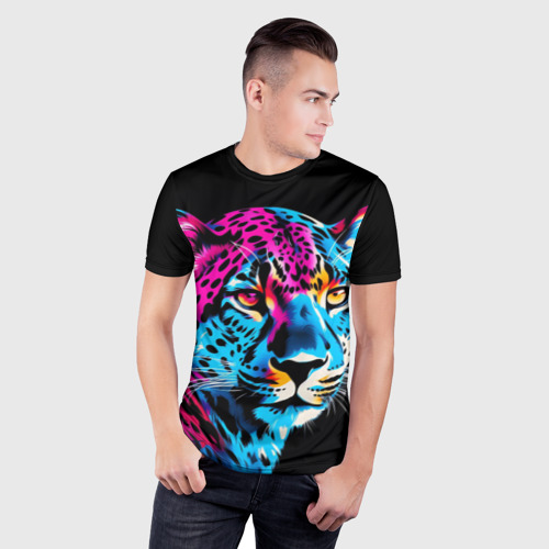 Мужская футболка 3D Slim с принтом Леопард в неоновых цветах, фото на моделе #1