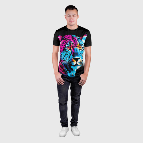 Мужская футболка 3D Slim с принтом Леопард в неоновых цветах, вид сбоку #3