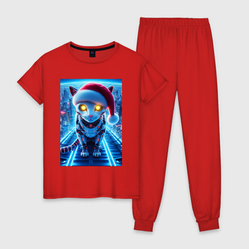 Женская пижама хлопок Неоновый кибер котик - нейросеть, цвет красный