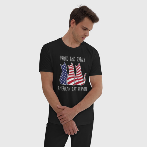Мужская пижама хлопок Гордый и сумасшедший американский кошатник, цвет черный - фото 3