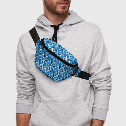 Поясная сумка 3D с принтом Синие треугольники и белые полосы, фото на моделе #1