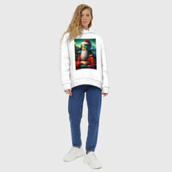Худи с принтом Mona Lisa in Santa costume - cyberpunk для женщины, вид на модели спереди №4. Цвет основы: белый