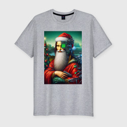Мужская футболка хлопок Slim Mona Lisa in Santa costume - cyberpunk