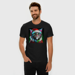 Мужская футболка хлопок Slim Новогодний кибер котик - нейросеть - фото 2