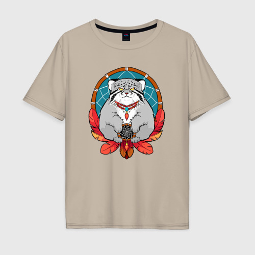 Мужская футболка хлопок Oversize Манул-шаман, цвет миндальный