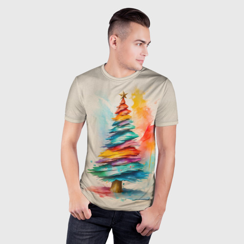 Мужская футболка 3D Slim с принтом Новогодняя ель  акварелью  на холсте, фото на моделе #1