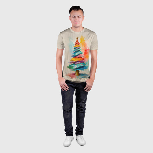 Мужская футболка 3D Slim с принтом Новогодняя ель  акварелью  на холсте, вид сбоку #3