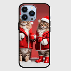 Чехол для iPhone 13 Pro С новым котом - два кота в костюмах Санты