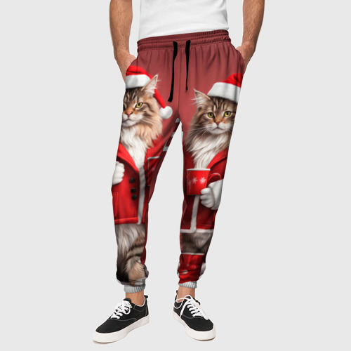 Мужские брюки 3D С новым котом - два кота в костюмах Санты, цвет 3D печать - фото 4