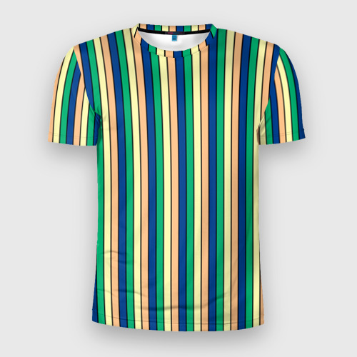 Мужская футболка 3D Slim с принтом Полосатый жёлто-зелёно-синий, вид спереди #2