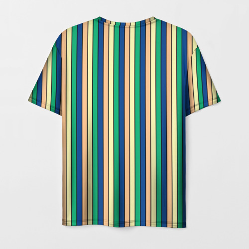 Мужская футболка 3D с принтом Полосатый жёлто-зелёно-синий, вид сзади #1