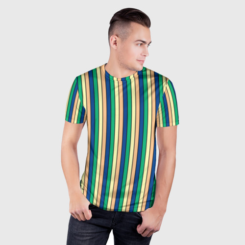 Мужская футболка 3D Slim с принтом Полосатый жёлто-зелёно-синий, фото на моделе #1
