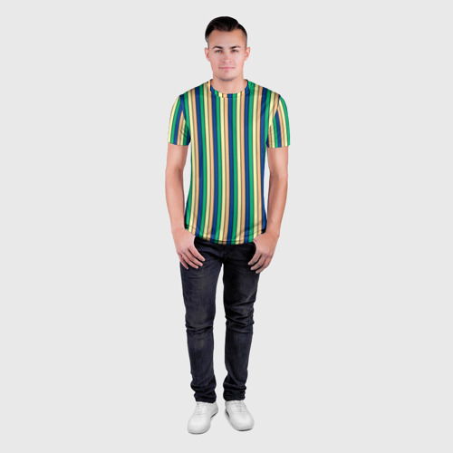 Мужская футболка 3D Slim с принтом Полосатый жёлто-зелёно-синий, вид сбоку #3