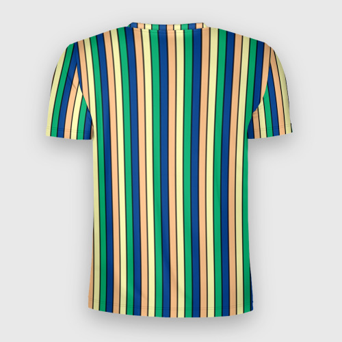 Мужская футболка 3D Slim с принтом Полосатый жёлто-зелёно-синий, вид сзади #1