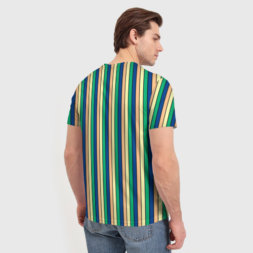 Мужская футболка 3D с принтом Полосатый жёлто-зелёно-синий, вид сзади #2