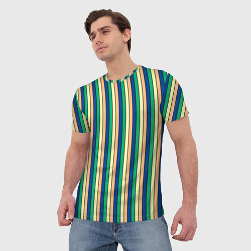 Мужская футболка 3D с принтом Полосатый жёлто-зелёно-синий, фото на моделе #1