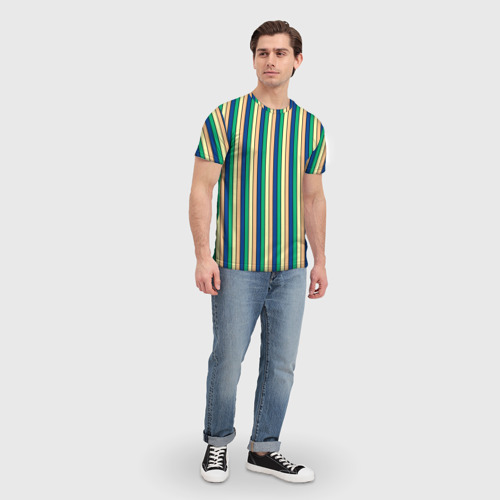 Мужская футболка 3D с принтом Полосатый жёлто-зелёно-синий, вид сбоку #3