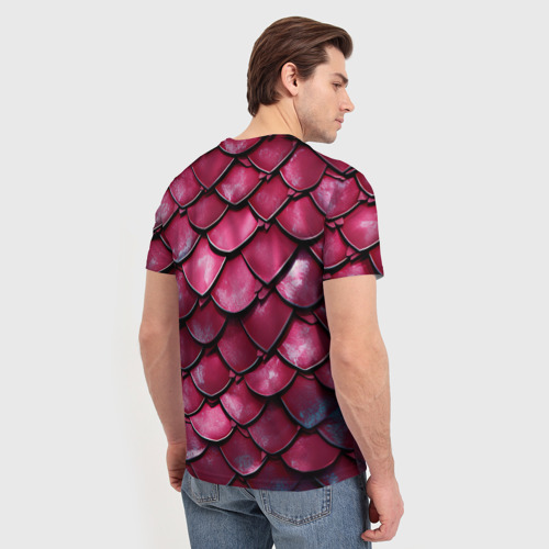 Мужская футболка 3D с принтом Чешуя дракона красного, вид сзади #2