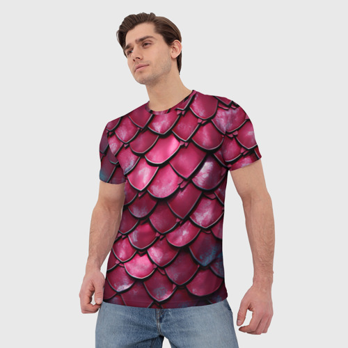 Мужская футболка 3D с принтом Чешуя дракона красного, фото на моделе #1