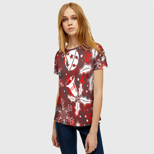 Женская футболка 3D с принтом Рождественские узоры паттерны, фото на моделе #1