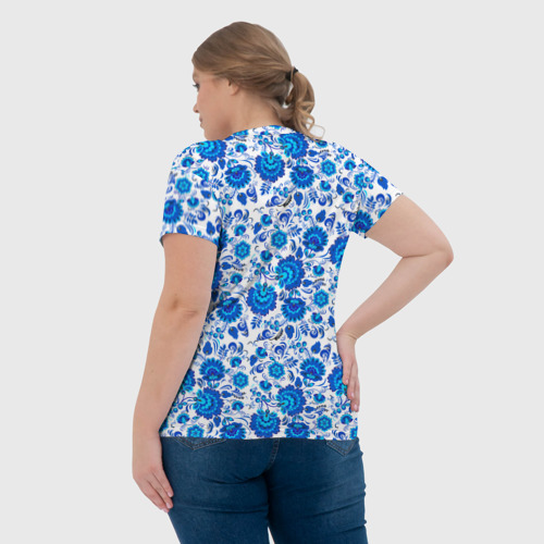 Женская футболка 3D с принтом Новогодняя гжельская роспись, вид сзади #2