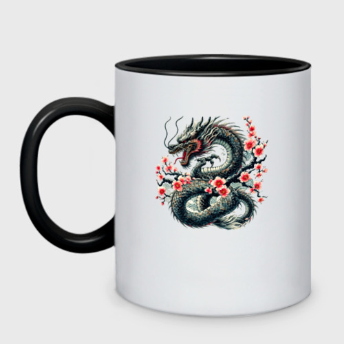 Кружка двухцветная Japanese dragon and sakura - irezumi, цвет белый + черный