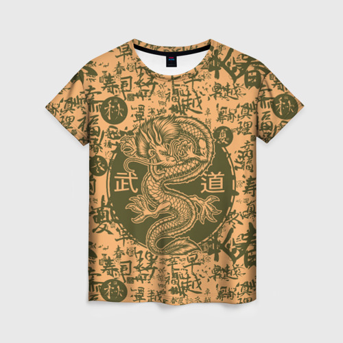 Женская футболка 3D с принтом Дракон и иероглифы, вид спереди #2