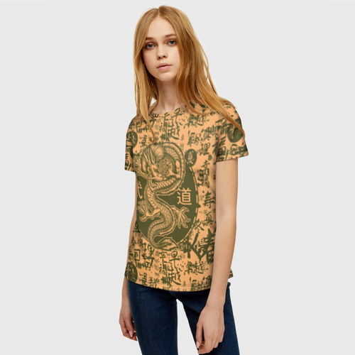 Женская футболка 3D с принтом Дракон и иероглифы, фото на моделе #1