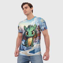Мужская футболка 3D Зеленый дракон на фоне замка - фото 2