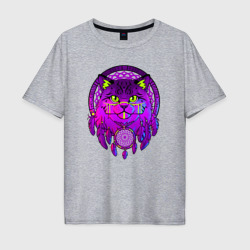 Мужская футболка хлопок Oversize Фиолетовый кот-индеец с ловцом снов