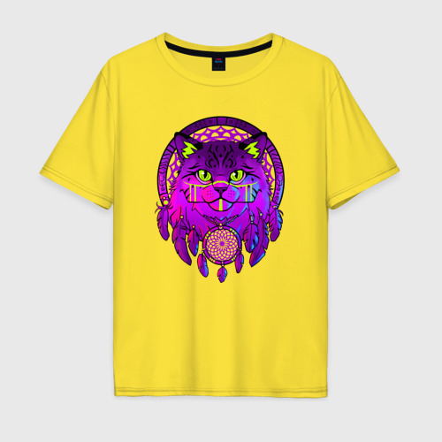 Мужская футболка хлопок Oversize Фиолетовый кот-индеец с ловцом снов, цвет желтый